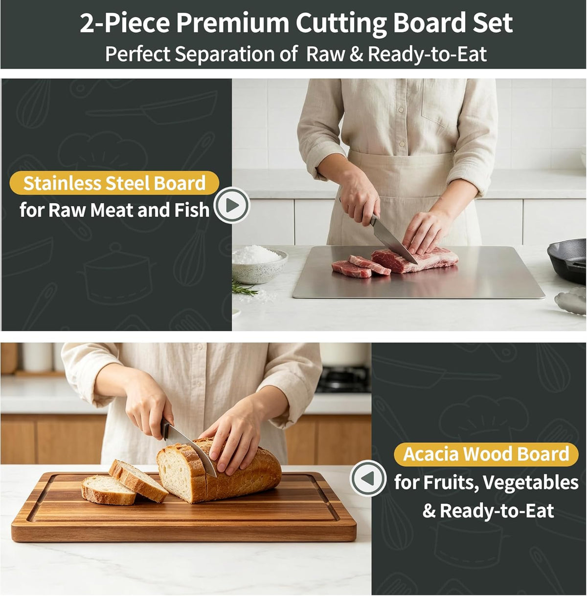 Stainless Steel Cutting Board Set for Kitchen, 2 Pack Metal Cutting Board with Counter Lip Dishwasher Safe Chopping Board for Meat, Vegetables, Fruits, Bread, Kneading (40 x 30cm/ 16 x 12 in)