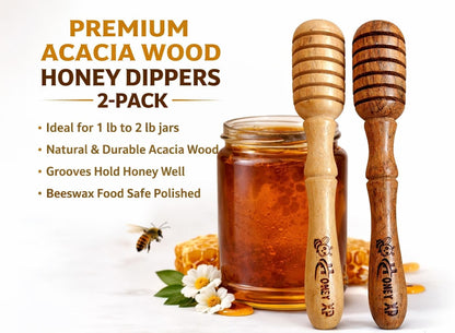 Premium Acacia Wood Honey Dipper Sticks Set of 2 – 6 Inch Food Grade Beeswax Polished Honey Wand Dispenser Server | Warp-Resistant Elegant Wooden Honey Drizzler for Jars Kitchen Use