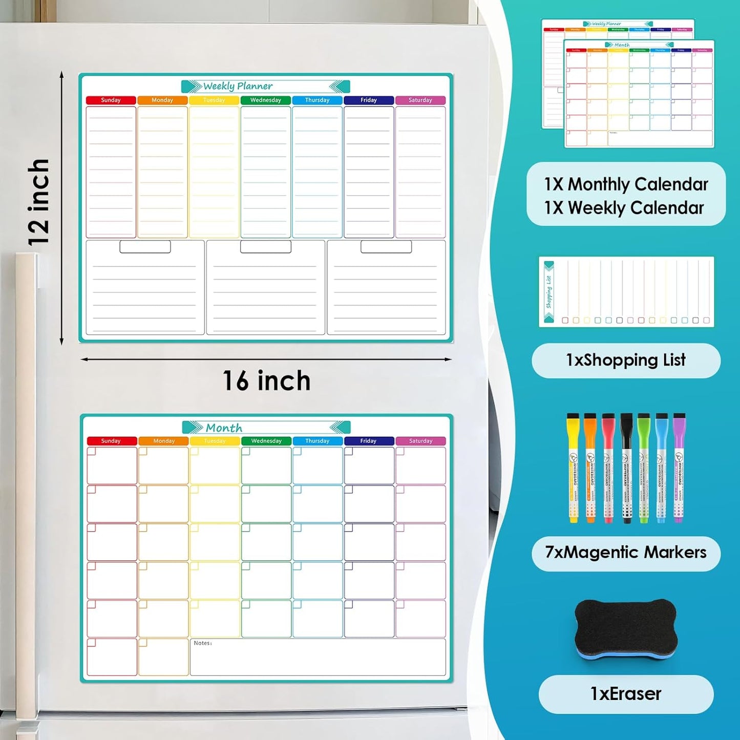 MaxGear Black Weekly Dry Erase Board,16"x12" Magnetic Whiteboard Meal Planner Blackboard for Fridge, Chalkboard Calendar Menu Planning Board Notepad for Kitchen with 7 Markers and 1 Eraser