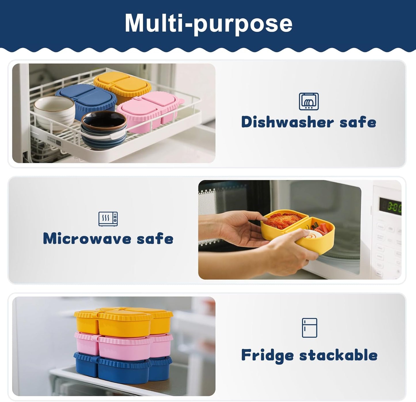 Silicone Reusable Snack Containers with Lids, 4 Pack 3 Compartment Bento Snack Boxes, Leakproof Food Storage Containers for Meal Prep, Lunch, Fruits, Kids & Adults, Dishwasher Safe