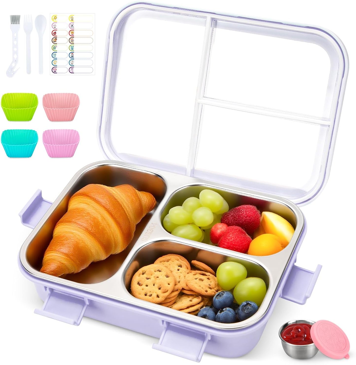 Kids Stainless Steel Bento Box, 3 Compartments Leakproof Lunch Box, Portable Food Storage Containers with Silicone Lids BPA-Free for Office, Picnics, Travel, Blue