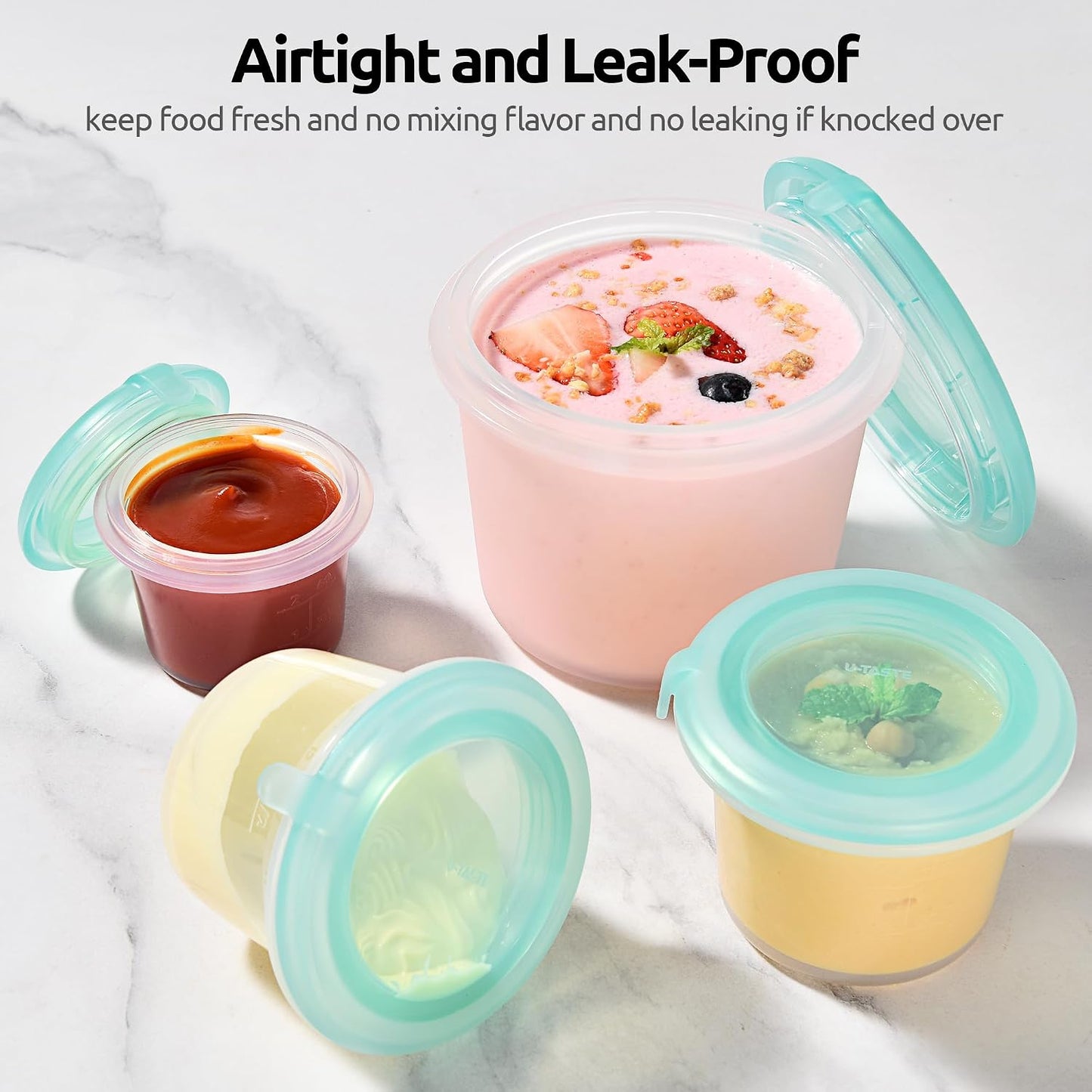 U-Taste Silicone Food Storage Containers Set: Meal Prep Box with Airtight Lid, Freezer & Microwave Safe, Date Marking Circle, Clear cup/oz/ml Measurement for Dry & Wet Deli -2oz/4oz/8oz/16oz, Aqua Sky