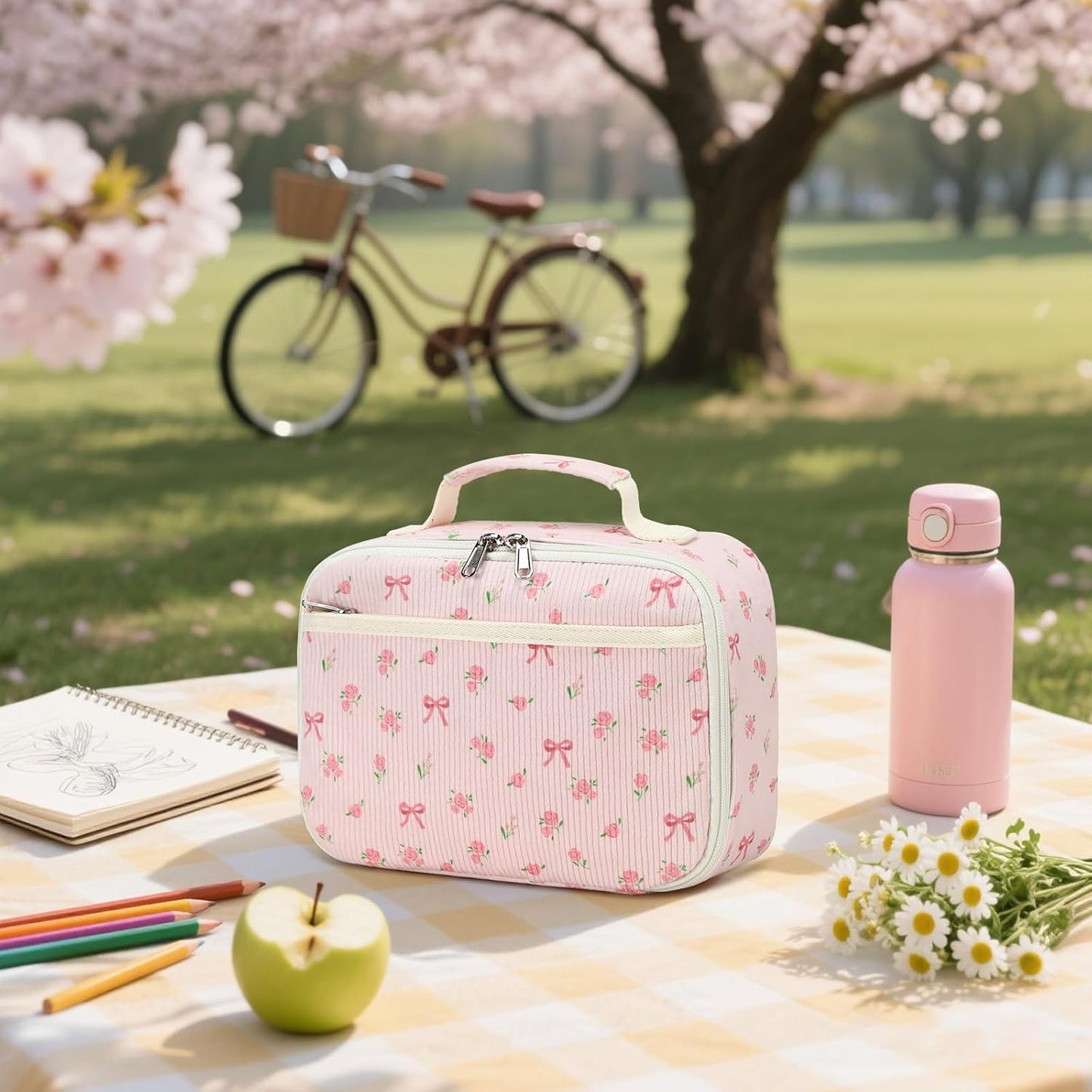 Bluboon Insulated Lunch Bag for Girls & Boys, Corduroy School Lunch Box with Cooler & Organizer Compartments, Leak-Proof Lunch Tote for School, Travel (Corduroy Strawberries Beige)