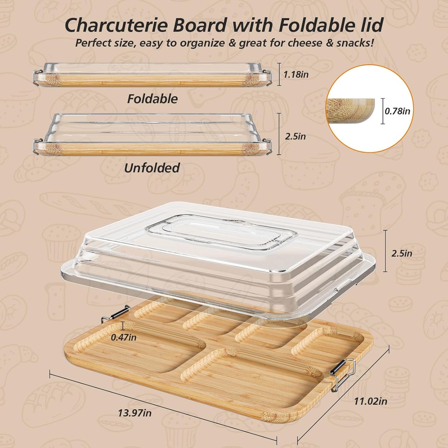 Charcuterie Boards with Foldable Lid, Portable Bamboo Cheese Board with Single Compartments, Clear Locking Lid and Handle, Easy to Store, Suitable for Picnics, Camping, Parties