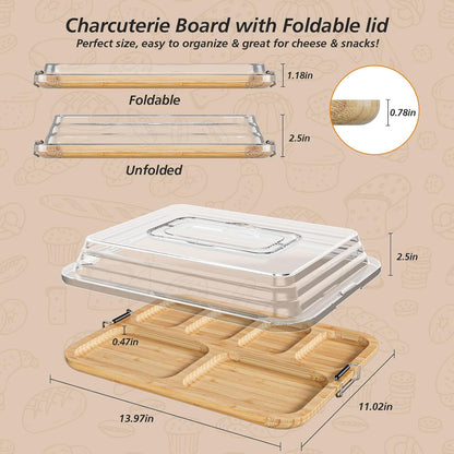 Charcuterie Boards with Foldable Lid, Portable Bamboo Cheese Board with Single Compartments, Clear Locking Lid and Handle, Easy to Store, Suitable for Picnics, Camping, Parties