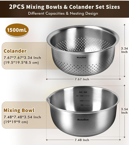 304 Stainless Steel Fine Mesh Colander Set, 1QT Large Capacity Strainer with Mixing Bowl, Rust Resistant Metal Strainer Bowl for Rinse Fruits, Veggies, Rice & Drain Pasta, Cooking, Dishwasher Safe