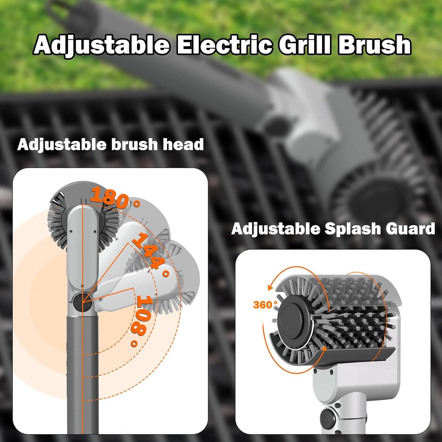 Electric Grill Brush,BBQ Grill Cleaner with 3 Heads, 3-Speed & Angle Adjust Cordless Rotary Grill Brush,IP67 Waterproof,150Mins & 58W Motorized Grill Cleaning Brush Kit with 5200mAh Battery