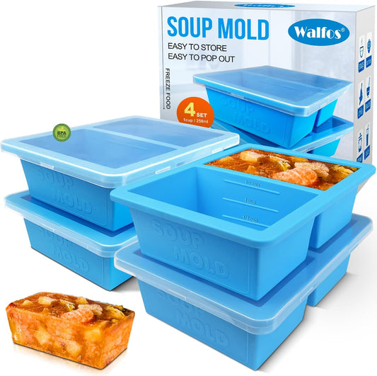 Walfos Silicone Freezer Tray with Lid - 1.5Cup Silicone Food Freezer Tray - Soup, Sauce, leftovers, Homemade Meal Prep Freezing Kitchen Storage Containers - 4pcs-blue