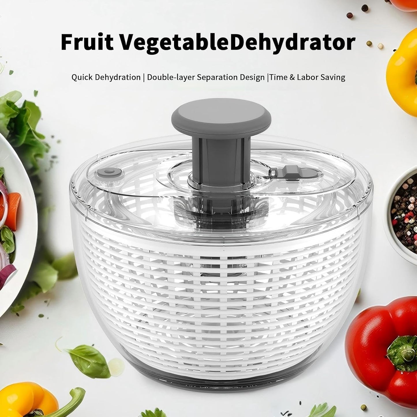 quick press salad spinner and vegetable washer tool for lettuce spinner capacity Fruit Washing Bowl with fruit washing bowl with strainer dehydrator kitchen appliances (Large - 6.34 qt)