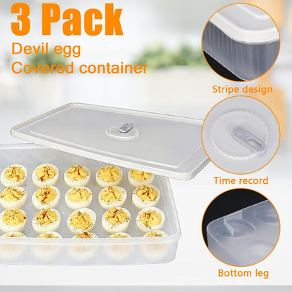 3Tier Deviled Egg Containers with Lid,Plastic Egg Container for Refrigerator with Handle,Deviled Egg Carrier for 72 Eggs,Kitchen,Festival Party, Stackable Egg Holder for Fridge (White)