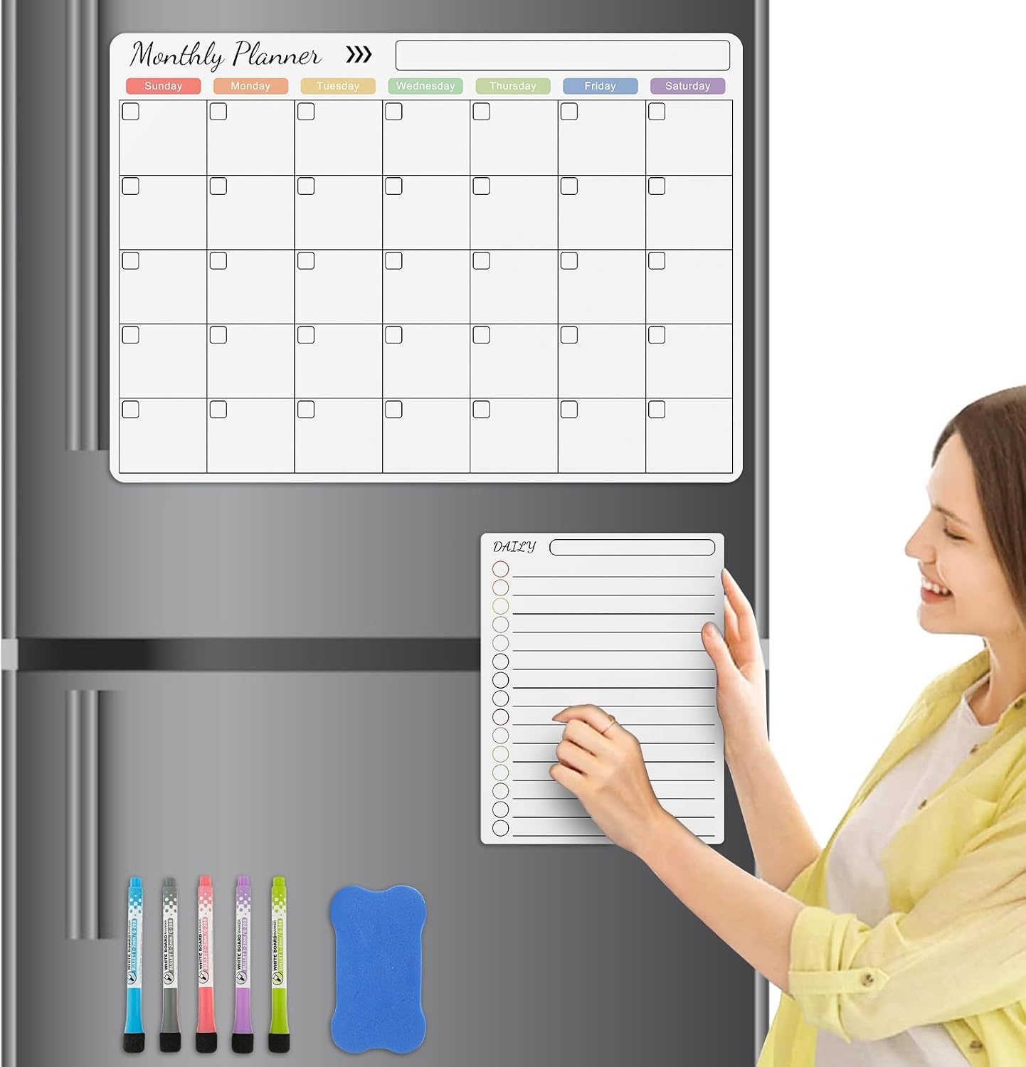 Magnetic Dry Erase Calendar for Fridge Reusable Monthly Planner Board Fridge Calendar White Board Anti-Slip Magnetic Shopping List Planner with 5 Pens for Home Kitchen 16.5x11.8inch