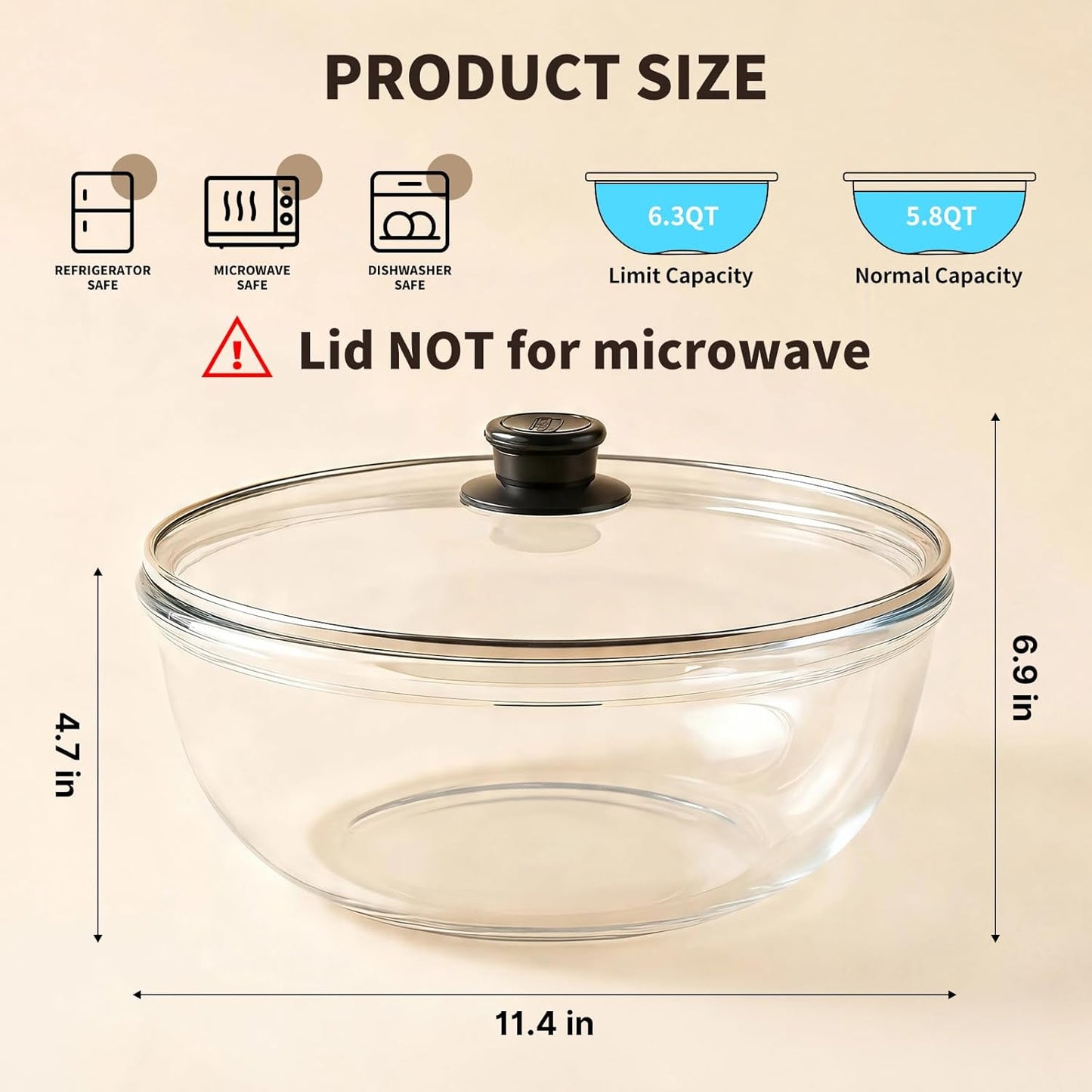 6.3 QT Glass Mixing Bowl with Lid, Large Glass Bowl for Sourdough Bread Making, Deep Glass Salad Bowl for Cooking, Baking, Food Prep, Dishwasher Microwave Freezer Safe