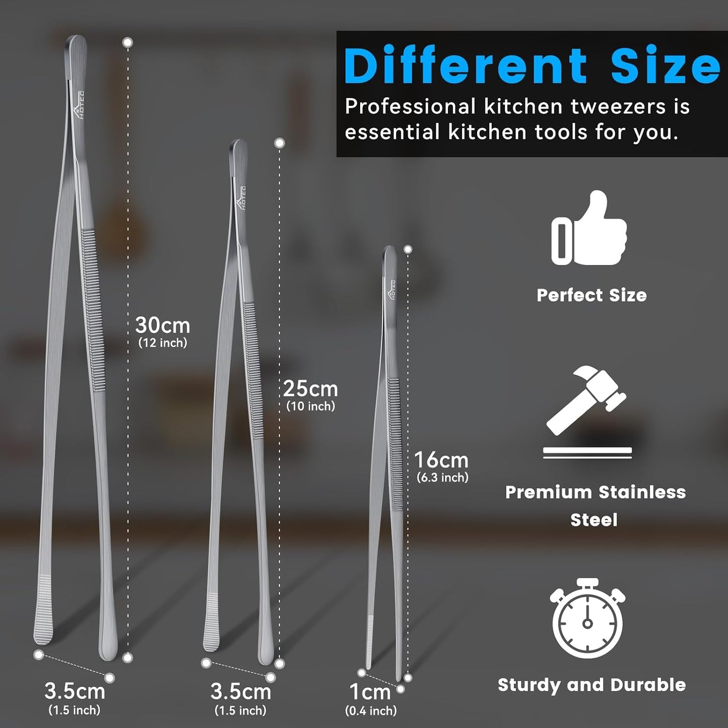 HOTEC Kitchen Tweezers Tongs Stainless Steel Professional Chef Tweezers, Set of 3-6.3", 10" and 12inch Food Tongs for Cooking, Repairing, Dessert, BBQ, Meat, Pasta