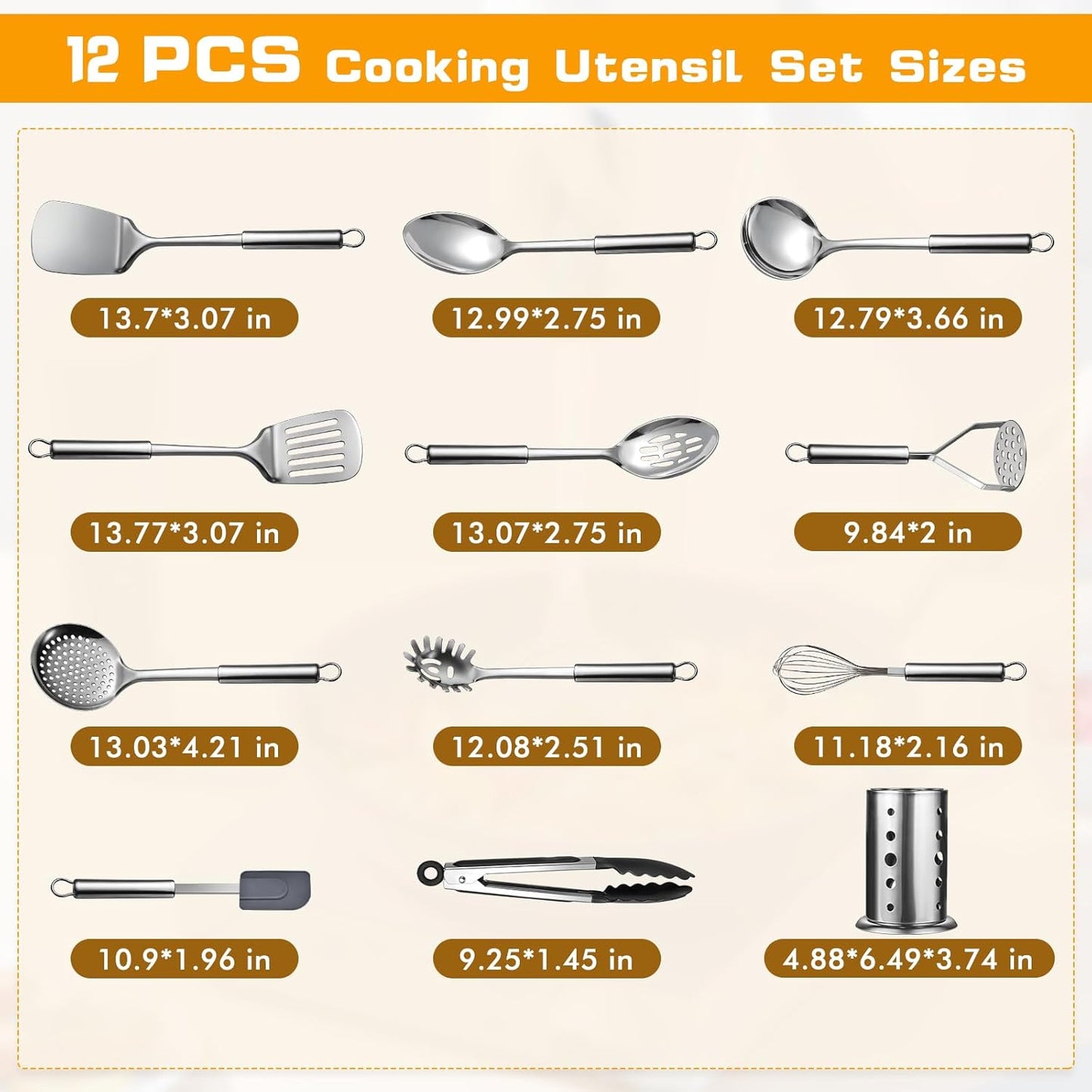 9 Pcs Cooking Utensils Set, Stainless Steel Kitchen Utensils, Heat Resistant Metal Kitchen Tools Include Solid & Slotted Spatula, Serving Spoon, Ladle, Pasta Server,Potato Maseher, Egg Whisk, Silver