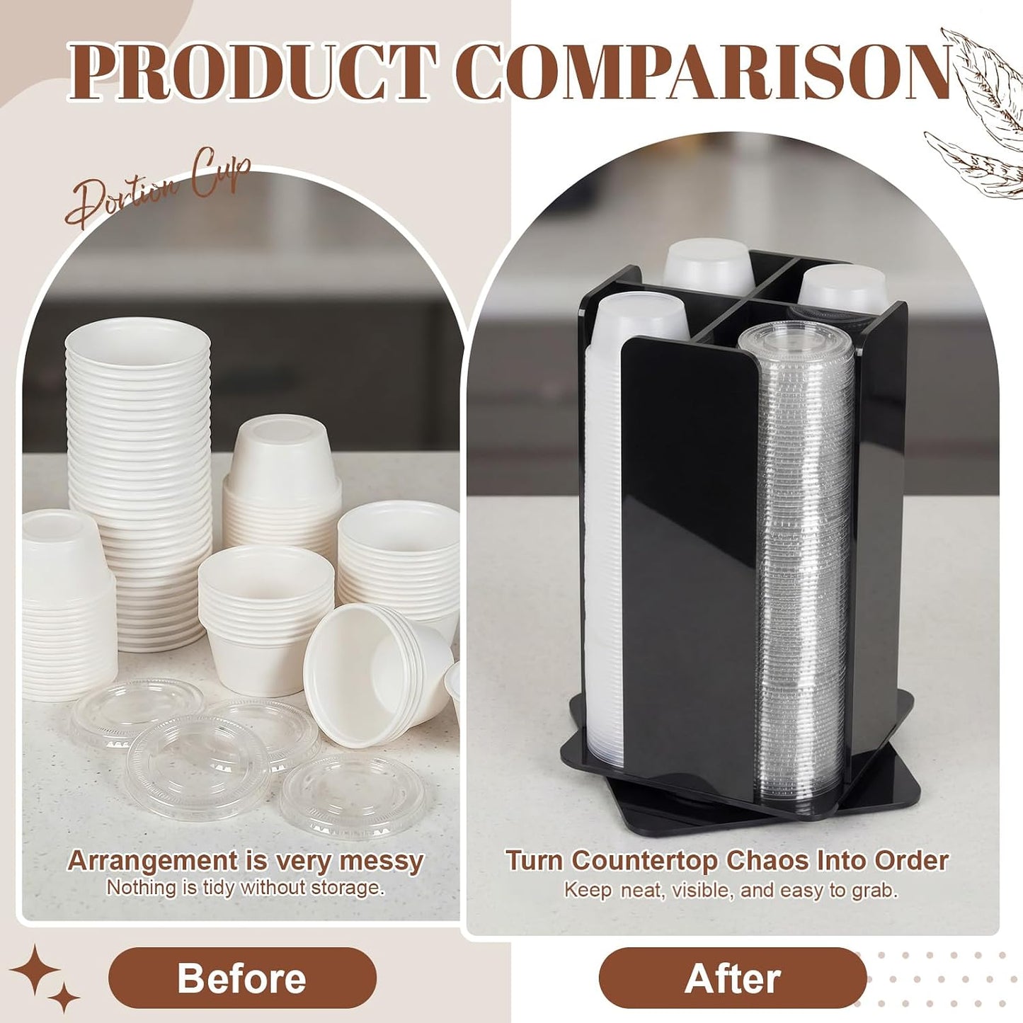 Geetery Rotating Portion Cup and Lid Organizer with 4 Compartments Acrylic Portion Cup Dispenser Holder Carousel Storage for Food Truck Accessories Countertop Coffee Station Restaurant Beverage