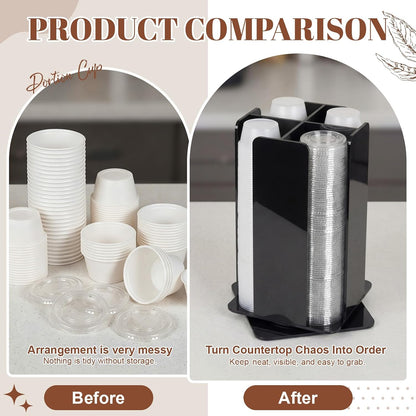 Geetery Rotating Portion Cup and Lid Organizer with 4 Compartments Acrylic Portion Cup Dispenser Holder Carousel Storage for Food Truck Accessories Countertop Coffee Station Restaurant Beverage