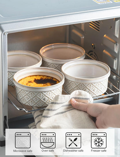 Airtight Food Storage Containers with Lids Mixing Bowls Set, Ceramic Serving Bowls with Lids Set of 4, 12/16/28/40 oz Stackable Nesting Salad Bowls for Cooking, Baking, Ramen - Beige
