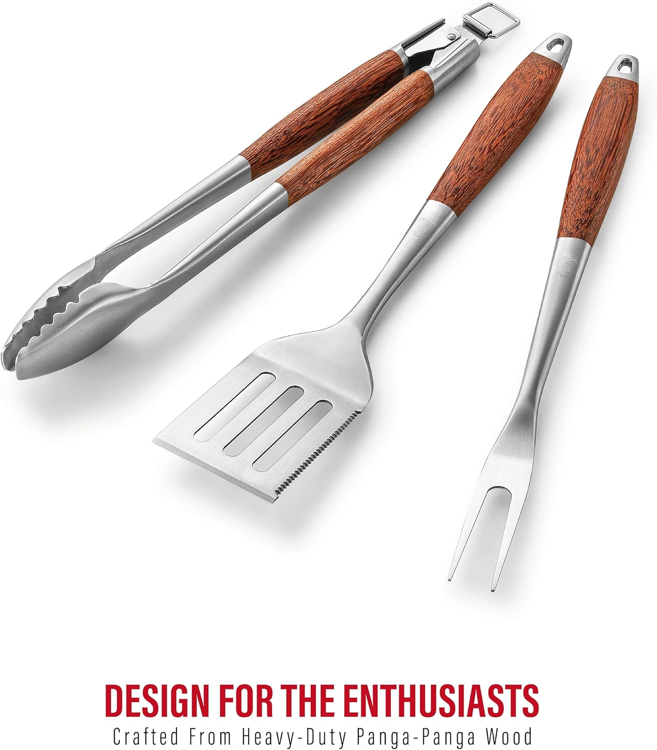 GRILAZ Heavy-Duty Rose Wooden BBQ Grilling Tools Set. Extra Thick Stainless Steel Multi-Function Spatula, Fork & Tongs | Essential Accessories for Barbecue & Grill. Ideal Gift for Father…