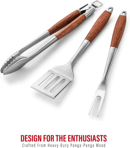 GRILAZ Heavy-Duty Rose Wooden BBQ Grilling Tools Set. Extra Thick Stainless Steel Multi-Function Spatula, Fork & Tongs | Essential Accessories for Barbecue & Grill. Ideal Gift for Father…