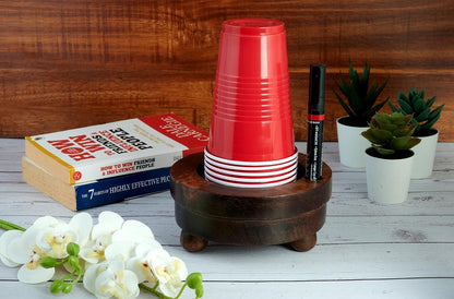 Wooden Party Cup Holder with Marker Slot, Disposable Solo Cup Holder Dispenser for Kitchen Bathroom- Paper Cup Drink up Organiser Rustic Finish 6" x 6" x 3" Inches Gifts Ideas