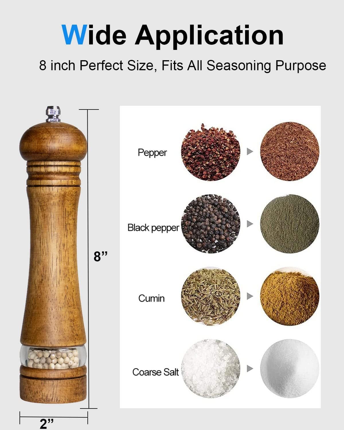 Pepper Grinder Salt Grinder Wooden Pepper Mill Grinder w/Adjustable Coarse, 8 inch Tall Wood Refillable Manual Pepper Grinder Mill Peppermill for Black Peppercorn, Easy Clean w/Cleaning Brush