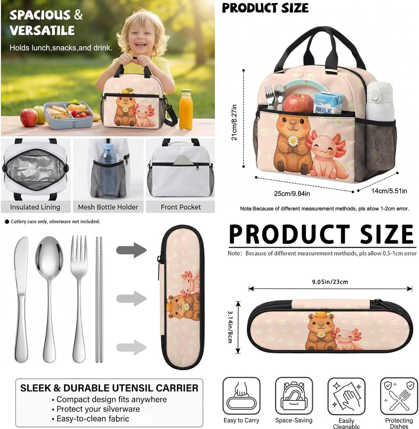 Cute Capybara Pizza Backpack for Girls, 5 Pcs Boys School Bag Set for Kids, 17 Inch Backpacks Lunch Pencil Box Reusable Utensils Case Set for Middle Elementary School, 3rd Grade Backpack