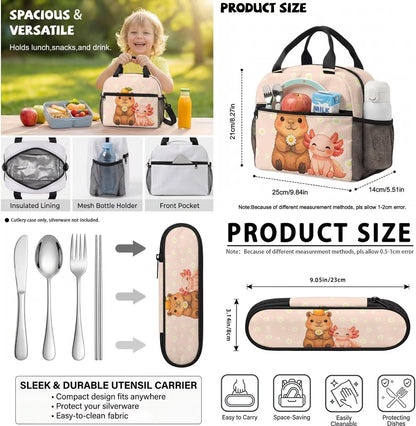 Cute Capybara Pizza Backpack for Girls, 5 Pcs Boys School Bag Set for Kids, 17 Inch Backpacks Lunch Pencil Box Reusable Utensils Case Set for Middle Elementary School, 3rd Grade Backpack
