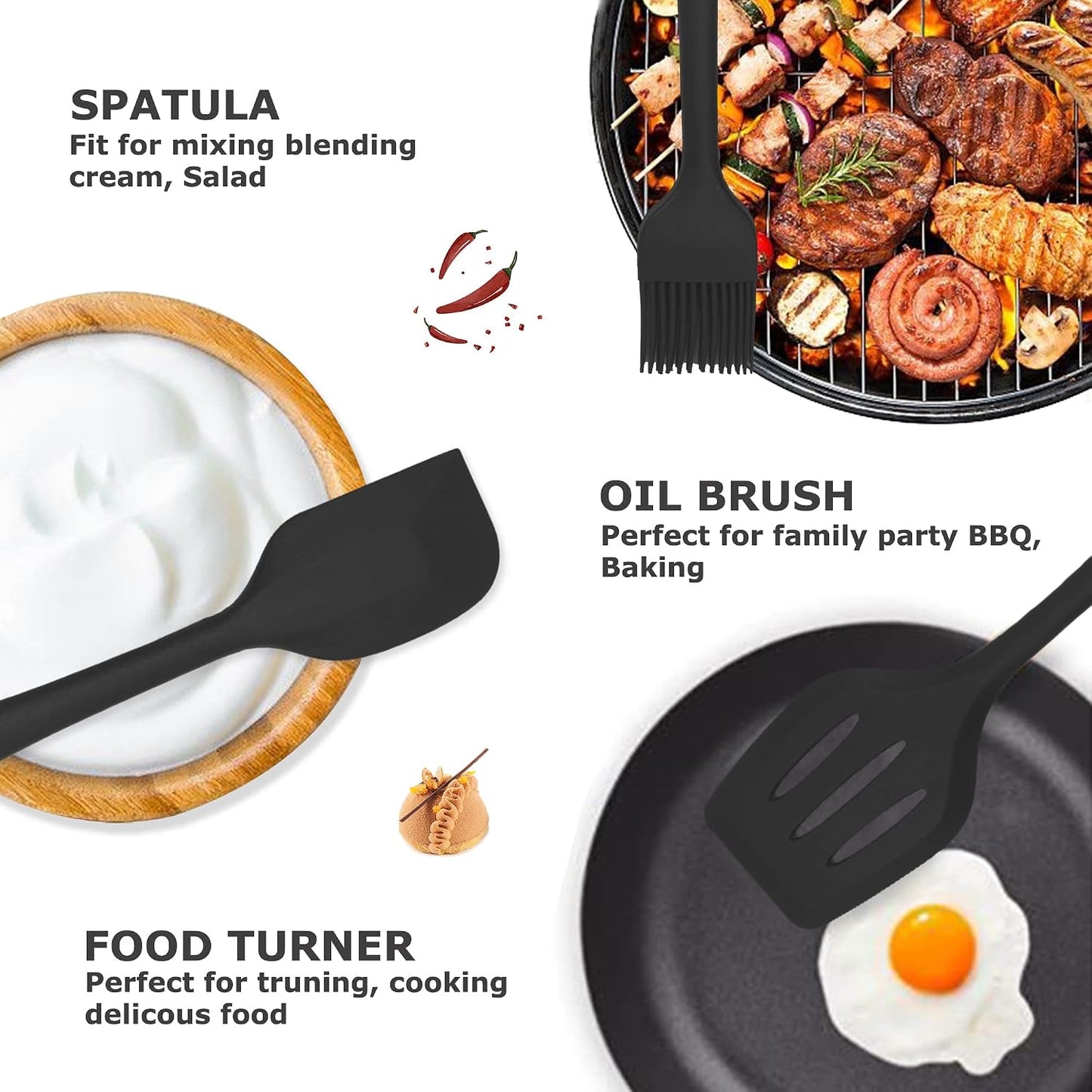 Silicone Kitchen Cooking Utensils Set Kitchen Spatula Set with Holder,5 pcs Heat Resistant Silicone Kitchen Utensils Gadgets Tools Set for Nonstick Cookware,Dishwasher Safe (Black)