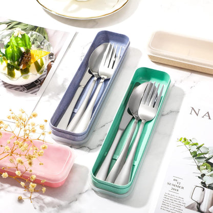 Yinkin 4 Pack Portable Travel Utensils Set with Case Reusable Stainless Steel Silverware Flatware Camping Cutlery Include Fork Spoon Knife for Work School Dishwasher Safe(White, Green, Red, Black)