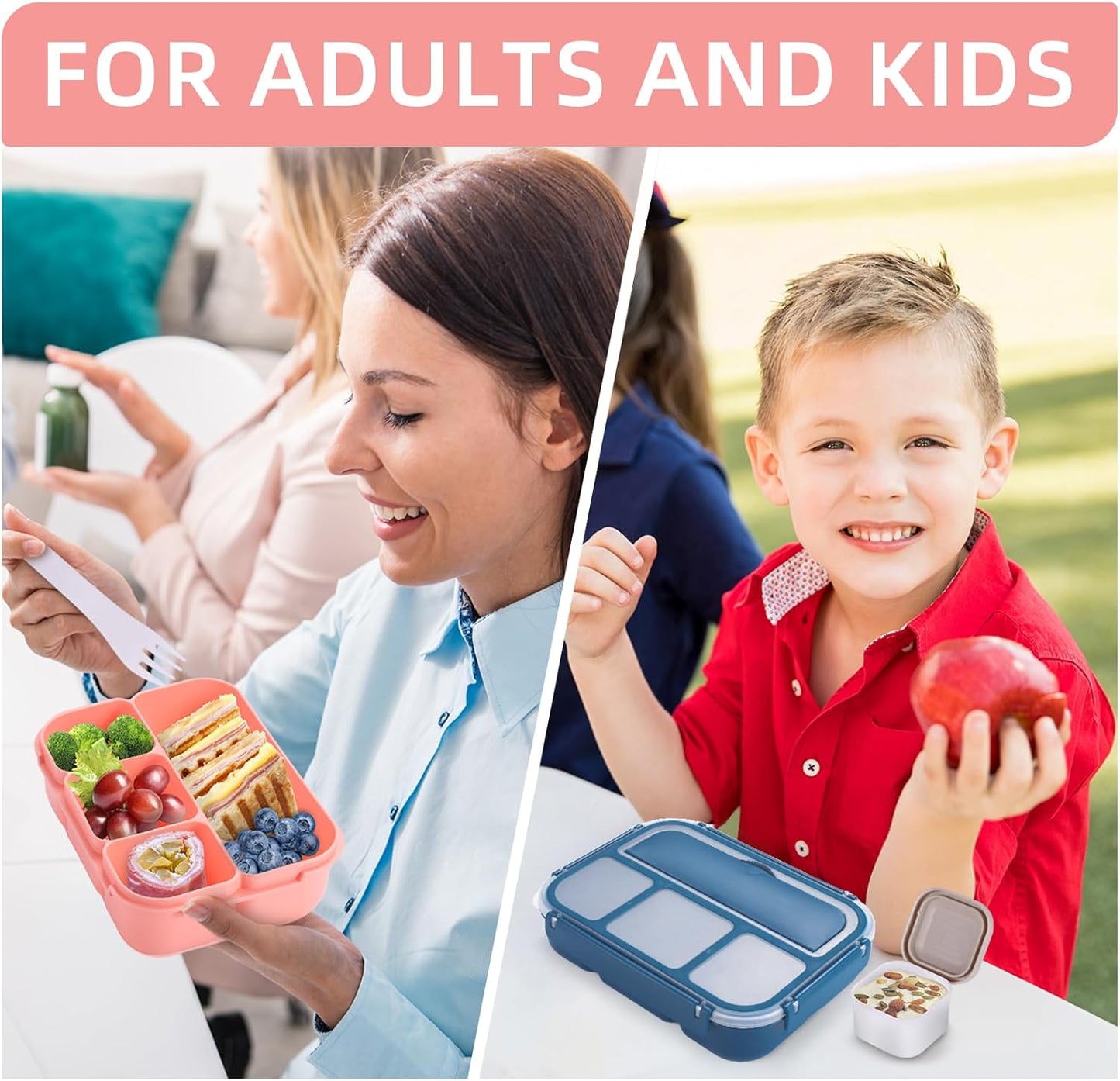 QQKO Bento Lunch Box for Kids Girls Boys, Toddler Kids Lunch Boxes for School, Lunch Containers for Adults with 4 Compartments, Sauce Container, Utensils, Food Picks and Muffin Cups, Purple