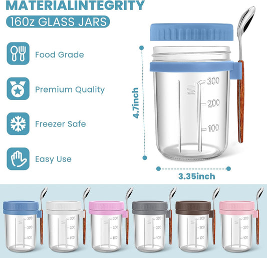 6 Pack Overnight Oats Containers with Lids and Spoons, 16 oz Glass Mason Jars with Airtight Lids, Meal Prep Containers, Overnight Oats Jars for Milk, Cereal, Fruit