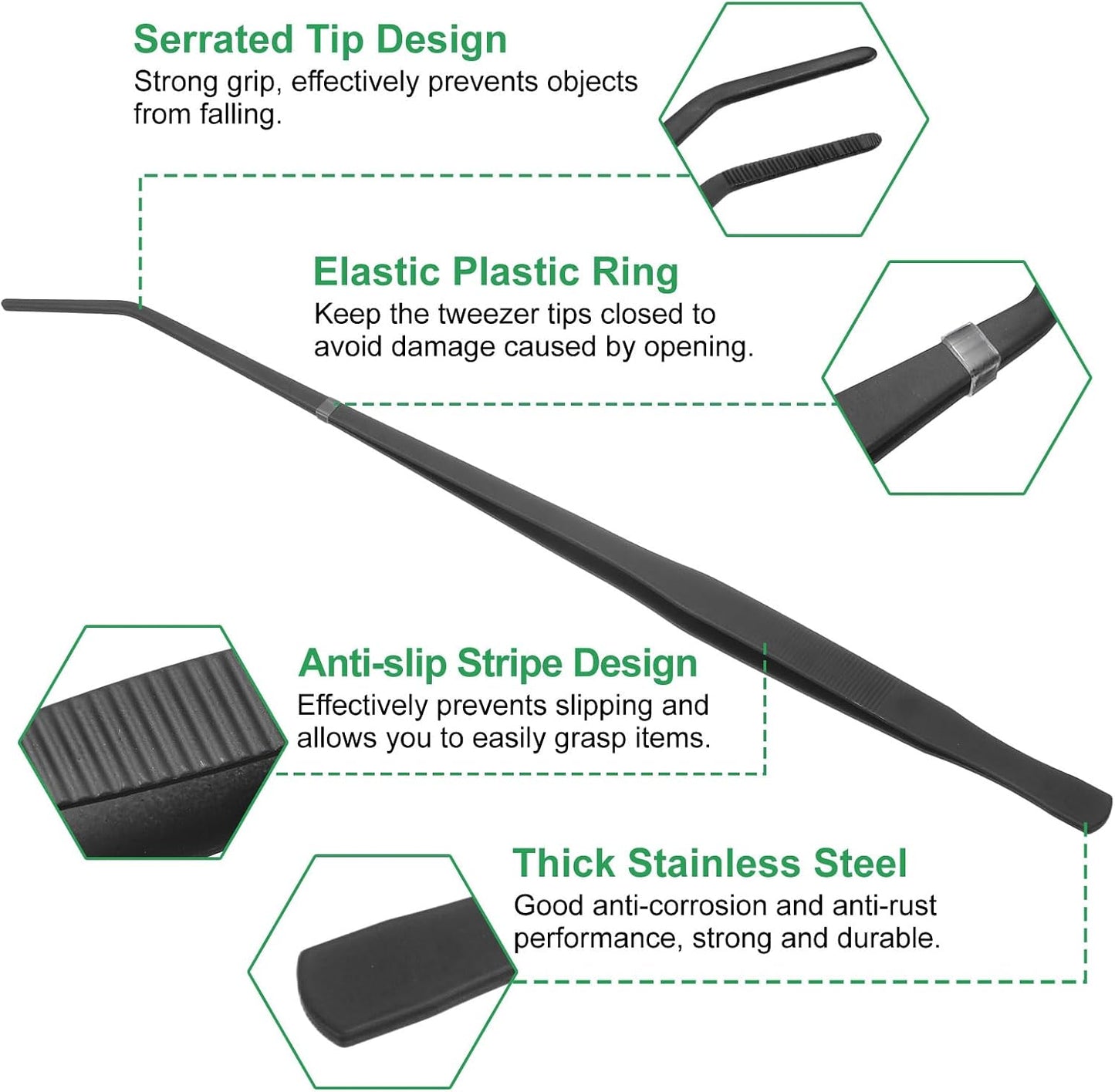 HARFINGTON Stainless Steel Tweezers 4.9 Inch Precision Tweezers with Curved Serrated Tip Multi-Purpose Kitchen Tongs for Cooking Gardening Repairing Craft, Black