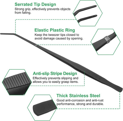 HARFINGTON Stainless Steel Tweezers 4.9 Inch Precision Tweezers with Curved Serrated Tip Multi-Purpose Kitchen Tongs for Cooking Gardening Repairing Craft, Black