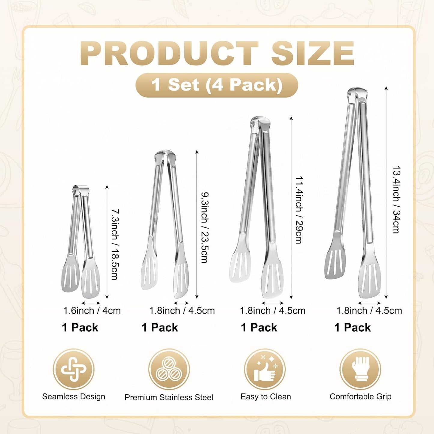 M METERXITY 4-Pack Grill Tongs, 7.3/9.3/11.4/13.4 Inch Non-Slip 304 Stainless Steel Locking Tongs for Cooking/Buffet/Outdoor Barbecue, BBQ Tweezers Metal Clamp Tools [Silver Tone]
