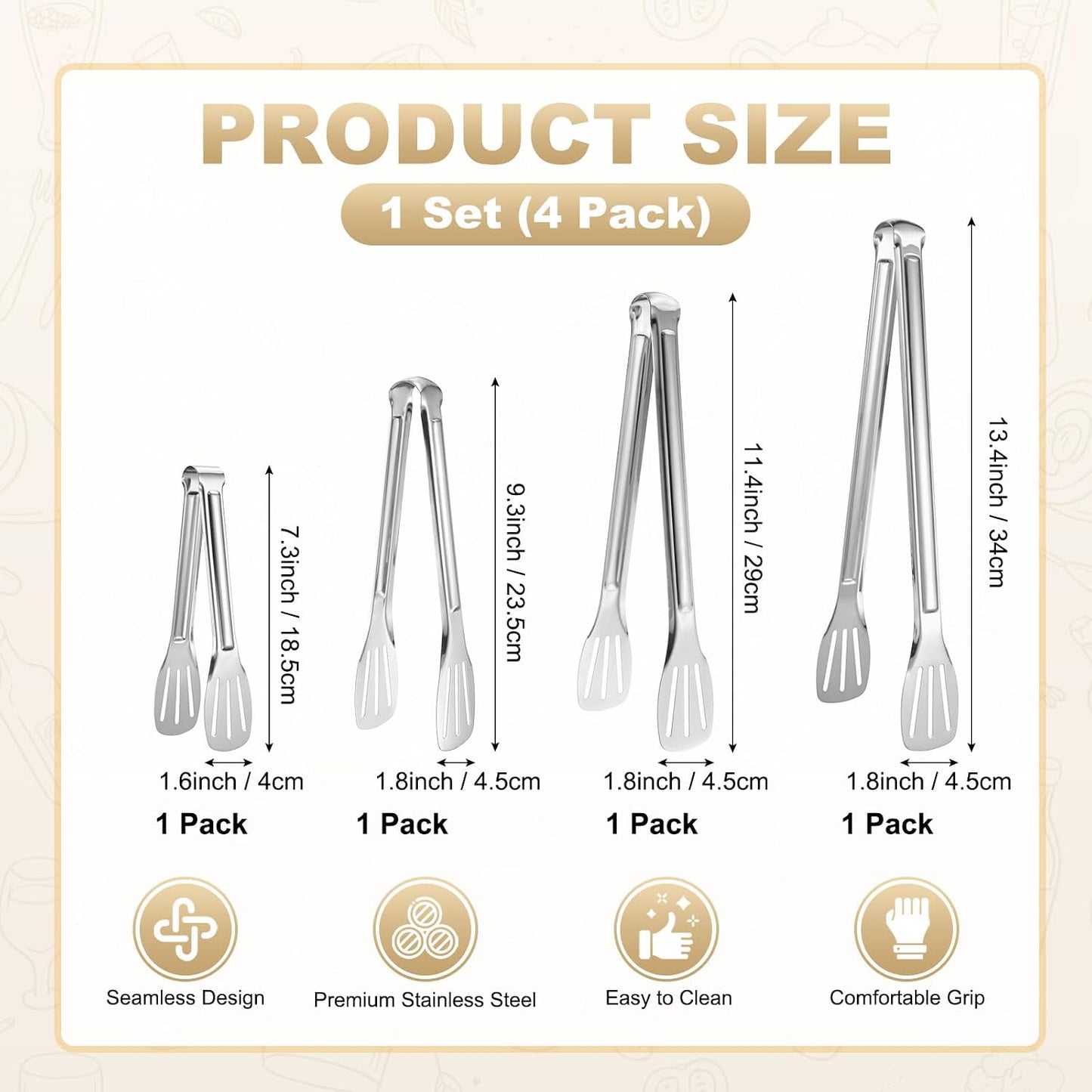 M METERXITY 4-Pack Grill Tongs, 7.3/9.3/11.4/13.4 Inch Non-Slip 304 Stainless Steel Locking Tongs for Cooking/Buffet/Outdoor Barbecue, BBQ Tweezers Metal Clamp Tools [Silver Tone]