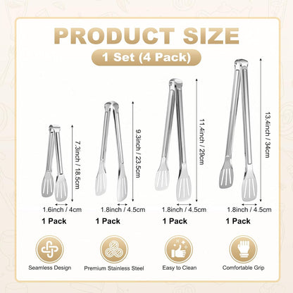M METERXITY 4-Pack Grill Tongs, 7.3/9.3/11.4/13.4 Inch Non-Slip 304 Stainless Steel Locking Tongs for Cooking/Buffet/Outdoor Barbecue, BBQ Tweezers Metal Clamp Tools [Silver Tone]
