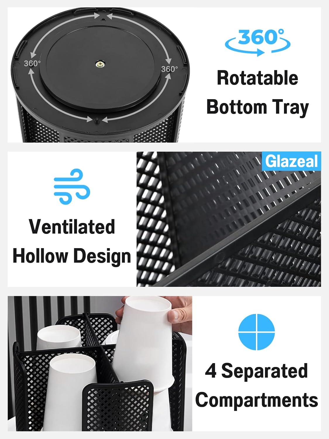 Rotatable Cup and Lid Organizer with 4 Compartments, Coffee Cup Dispenser for 5-16 oz Paper Cup Storage Organizer for Home Countertop Bathroom Kitchen Coffee Shop Restaurant Bar Office