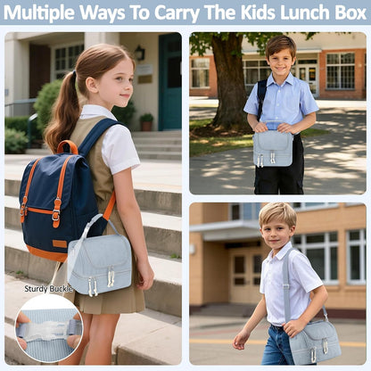 Vankor Corduroy Lunch Box Kids Insulated Lunch Bag Double Decker, Cute Leak-Proof Lunch Box for Boys Girls, Portable Cooler Lunch Bag Thermal Lunch Tote for School Picnic Travel, Light Blue