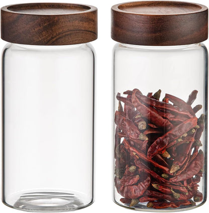 6 pc Glass Spice jars Glass Jars with Screw Lid 5 oz Acacia Wood Glass Herb Sugar Coffee Bean Ground Container Food Storage Canister for Candy Pantry Tea Seasoning Meal Prep Snack (6*150ml(5oz))