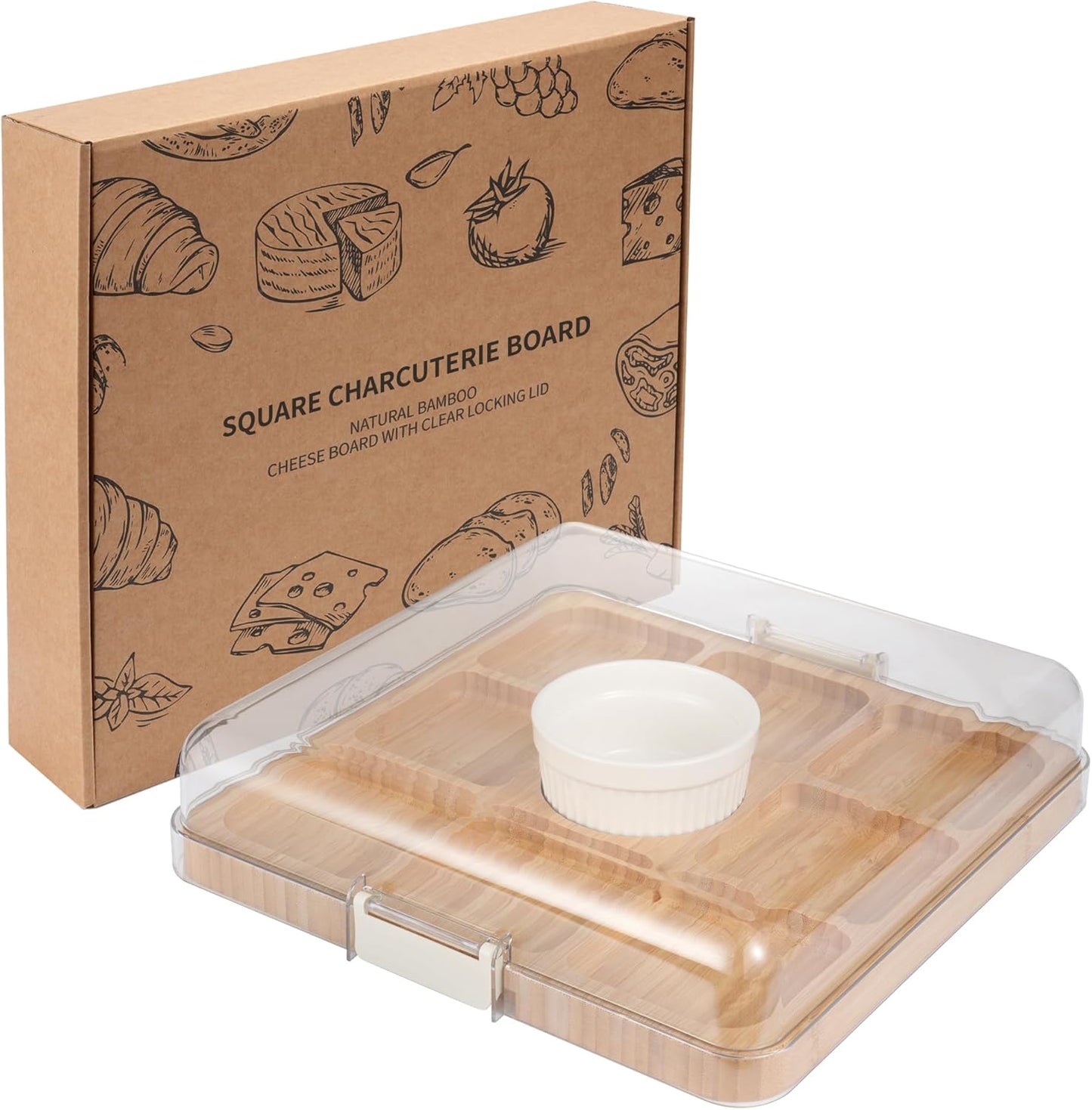 WILLKOMMEN Charcuterie Board with Lid- 5 Compartment Carbonized Bamboo Serving Tray with Locking Lid, Square Serving Platter Divided Serving Dishes for Party Cheese Snack Fruit
