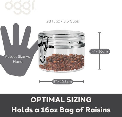 Oggi Clear Canister with Clamp Lid, 28 oz - Large Airtight Food Storage Container, for Kitchen & Pantry Storage of Bulk, Dry Foods Including Pasta, Flour, Sugar, Coffee, Rice, Tea, Spices & Herbs