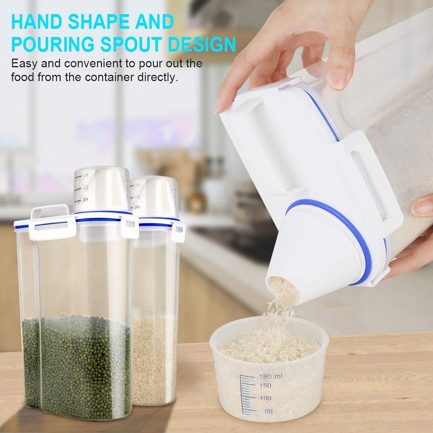 Uppetly Rice Airtight Dry Food Storage Containers, BPA Free Plastic Storage Bin Dispenser with Pourable Spout, Measuring cup for Cereal, Flour and Baking Supplies, Include a Stainless Steel Whisk