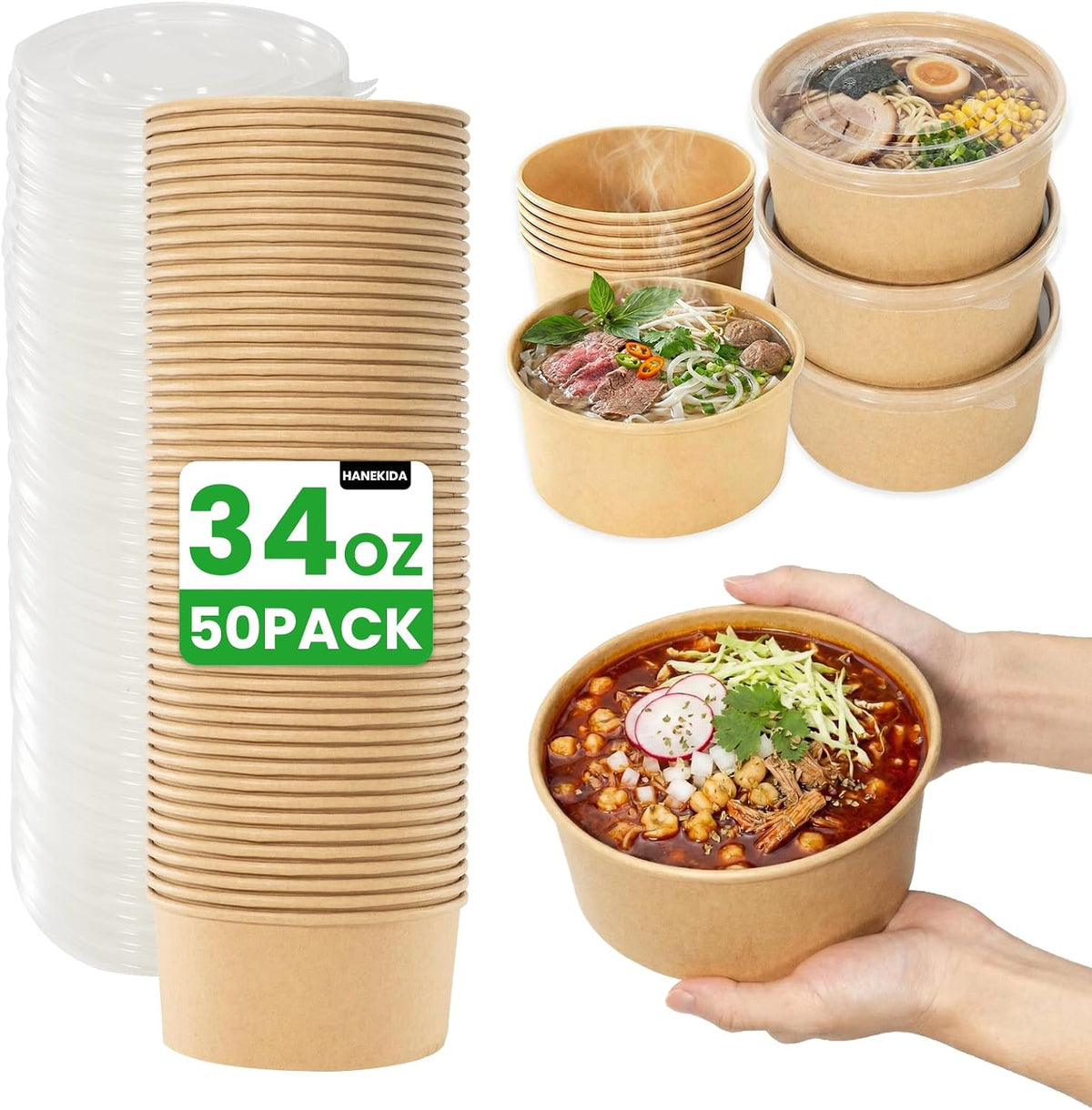 34 oz Paper Bowls with Lids, 50 Count Disposable Meal Prep Containers