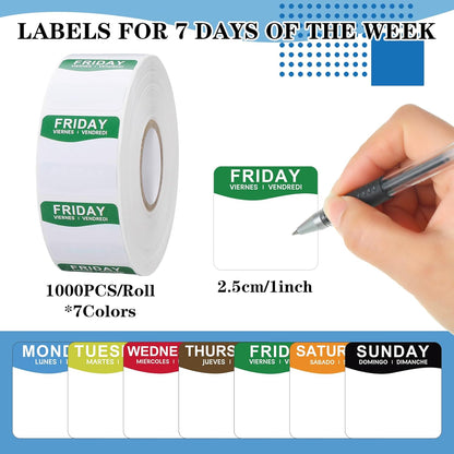 Resurhang 7000 Pcs Day of The Week Labels Food Labels with Adjustable Label Dispenser Monday Through Sunday Management Inventory Stickers Removable Weekly Self Adhesive Date Dot Stickers (Square)