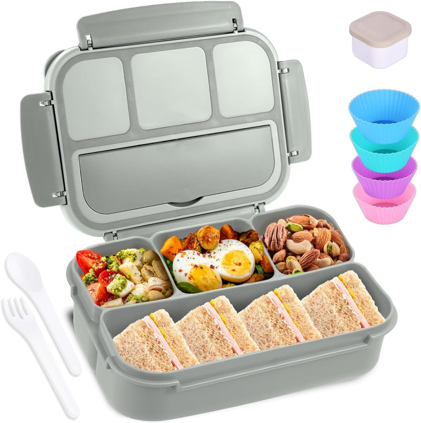 Bento Box Adult Lunch Box, Lunch Containers for Kids Girls Boys with 4 Compartments, Lunchable Food Container with Utensils, Sauce Jar, Muffin Liners, 40 Oz/5 Cup, Microwave Safe, Lavender