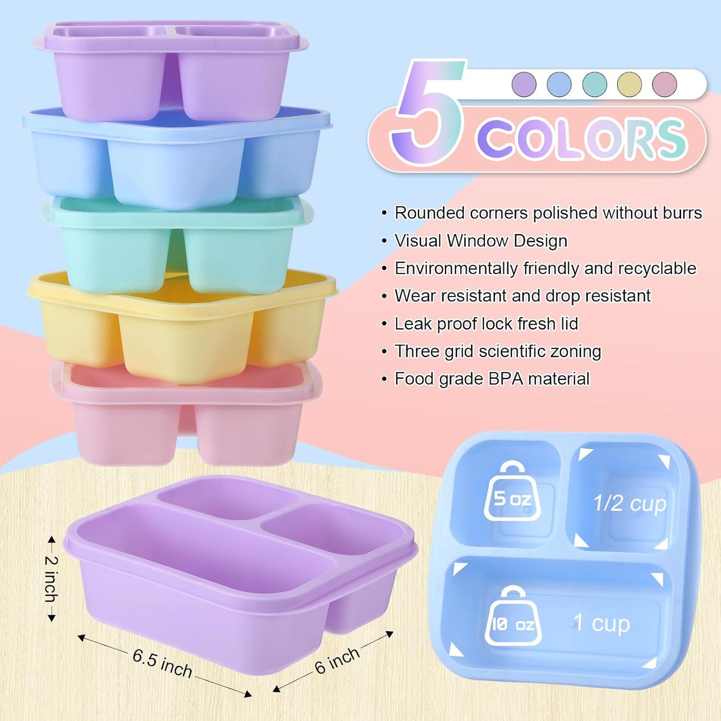 Honeydak 5 Pack Snack Containers 3 Compartment Bento Snack Boxes Divided Meal Prep Containers with Lids Reusable Adults Lunch Food Storage Box for School Work Travel(Elderberry)