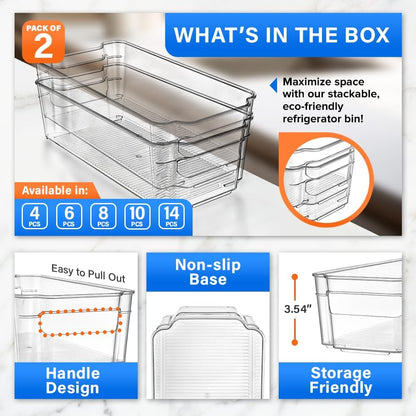 14-Piece Stackable Refrigerator Bin Organizer Set with Easy Grip Handles - Clear Multi-Purpose Storage Bins for Fridge and Pantry Use