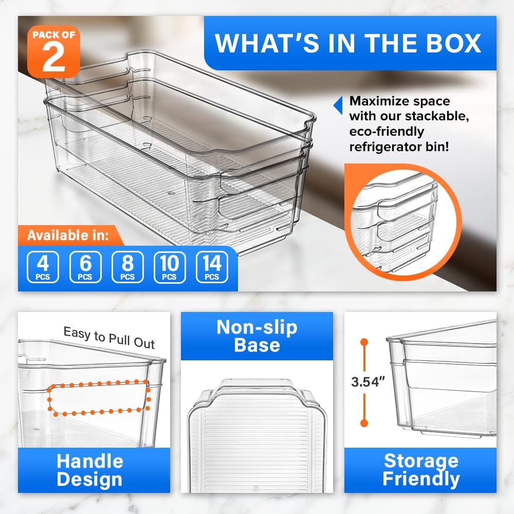 2-Piece Stackable Refrigerator Bin Organizer Set with Easy Grip Handles - Clear Multi-Purpose Storage Bins for Fridge and Pantry Use
