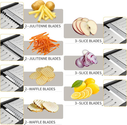 Mandoline Food slicer for kitchen, Adjustable Stainless Steel Mandoline Vegetable slicer, Food slicer Onion Potato Chip French Fry, 7 in-1 Adjustable Blade, Including 1 Pair of Gloves