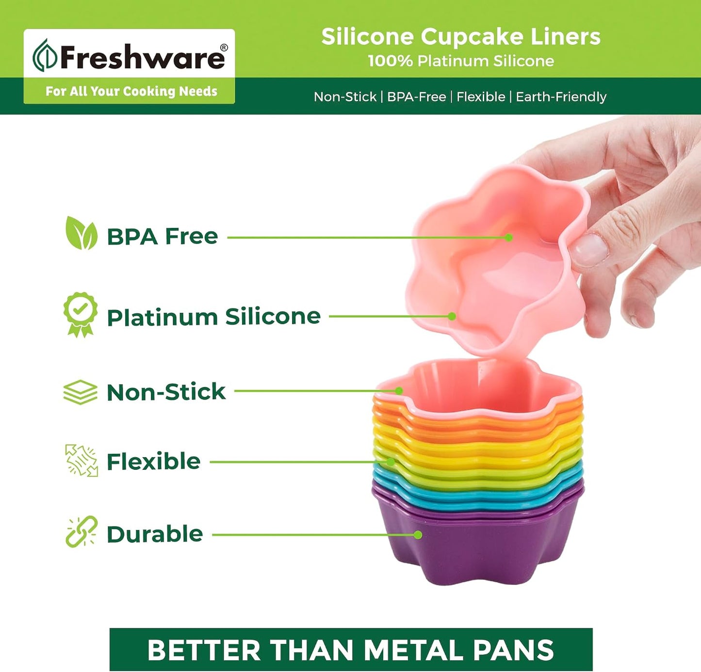 Freshware Cupcake Liners, Pack of 12 Silicone Muffin Cups, Baking Cups, Reusable & Non-stick Cupcake Liners for Party Halloween Christmas, Round
